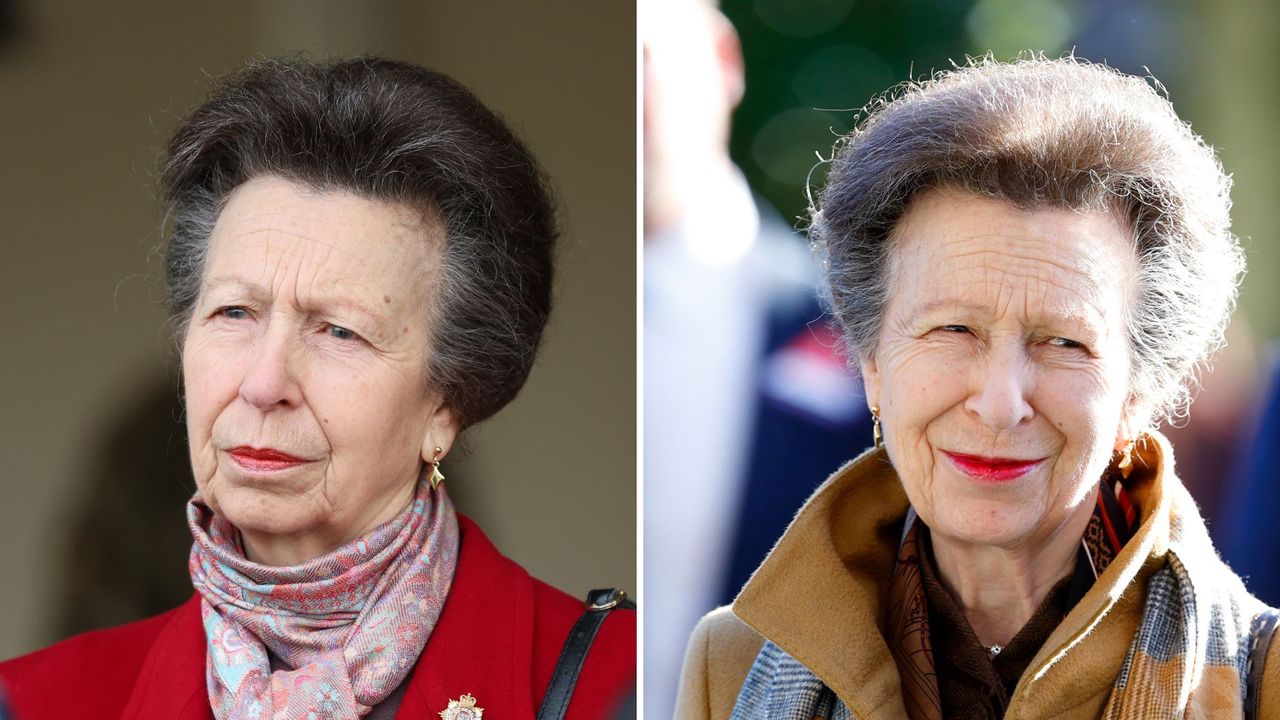 Composite of two pictures of Princess Anne on different occasions in 2024 wearing the same gold drop earrings