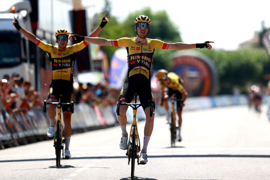 VILLADIEGO SPAIN AUGUST 03 Timo Roosen of Netherlands and Jumbo Visma Team celebrates winning Edoardo Affini of Italy and Chris Harper of Australia during the 44th Vuelta a Burgos 2022a Stage 2 a 158km stage from Vivar del Cid to Villadiego on August 03 2022 in Villadiego Spain Photo by Gonzalo Arroyo MorenoGetty Images