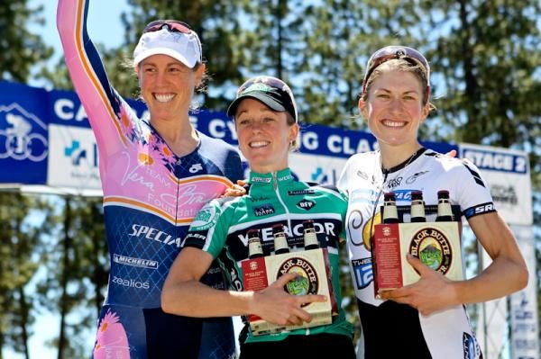 The womens podium with Alison Powers (Vera Bradley Foundation) third, Erinne Willock (Webcor) first and Marra Abbott (Peanut Butter &amp; Co) second.