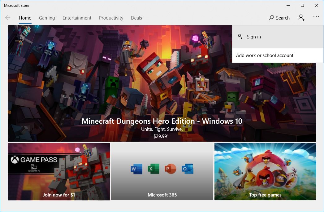 Sign in Microsoft Store option