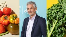 Tim Spector next to bunch of tomatoes and leaf of kale