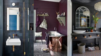 A collection of dark bathroom ideas showing a composite of three different dark bathrooms
