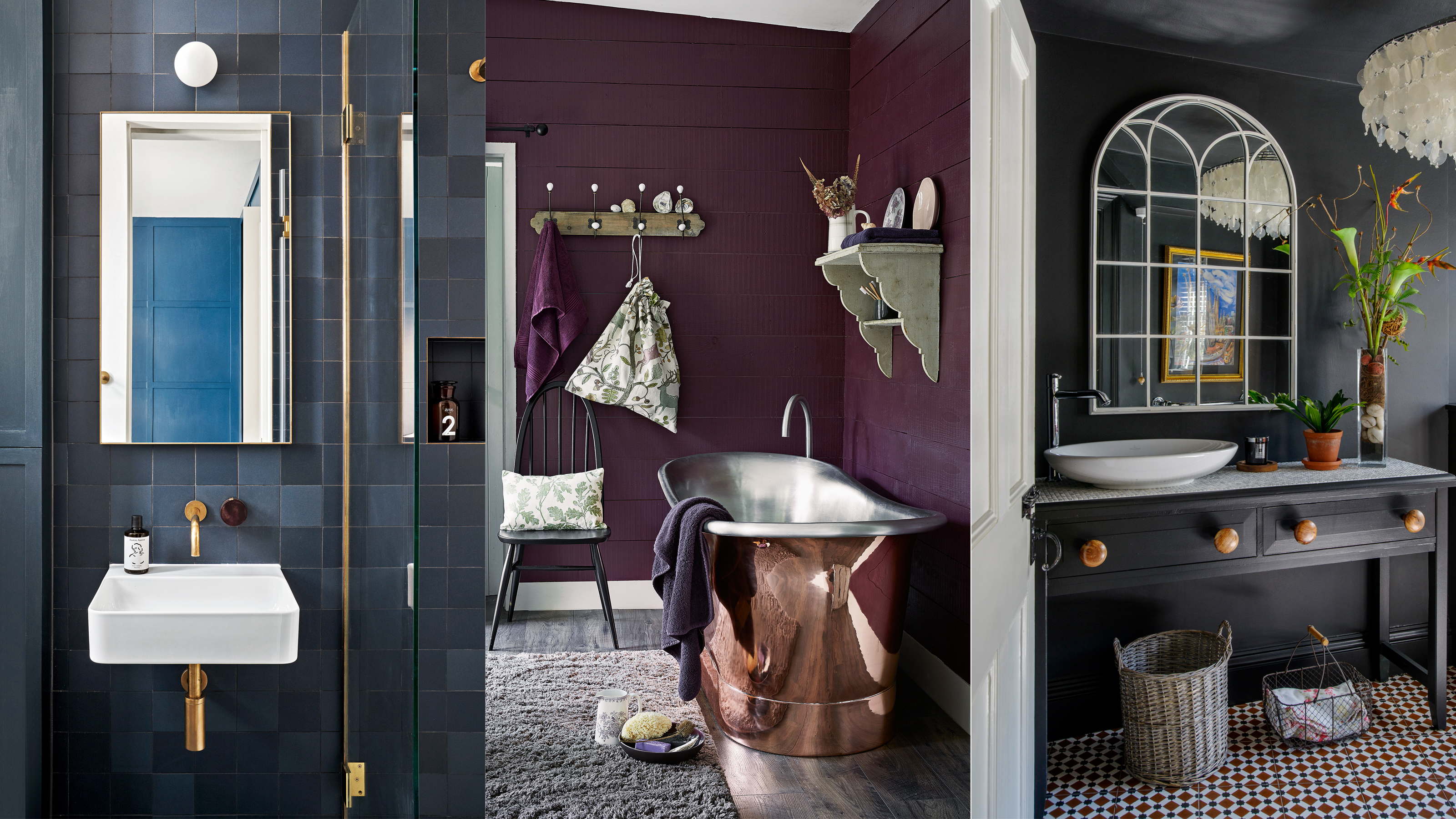 Luxury bathroom dark color palette with golden details
