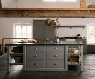 Modern farmhouse kitchen island with large shelves on either end