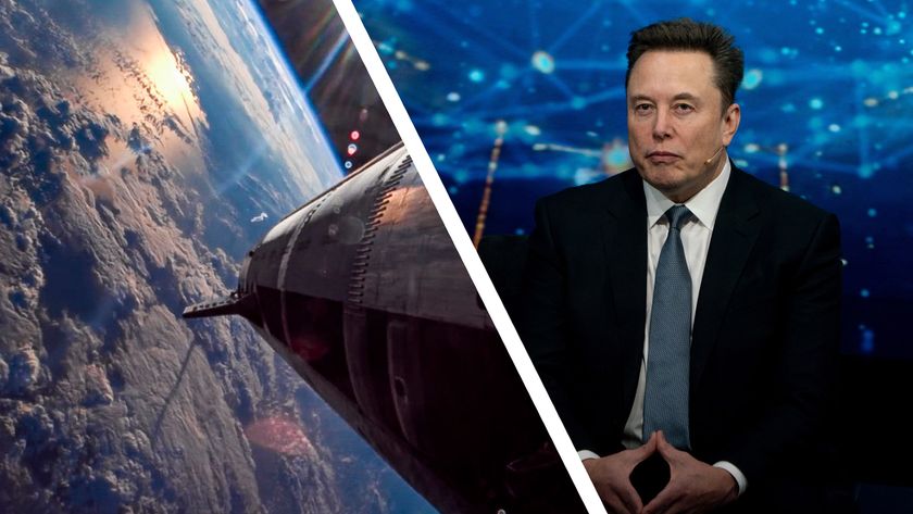 A SpaceX rocket over earth next to Elon Musk at the 2025 U.S.-Saudi Investment Forum