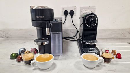 Nespresso Vertuo vs Original drinks in front of both machines 