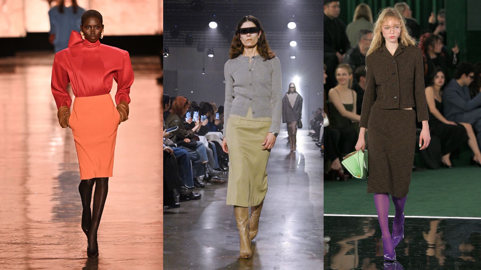 3 models of the catwalk wearing pencil skirts