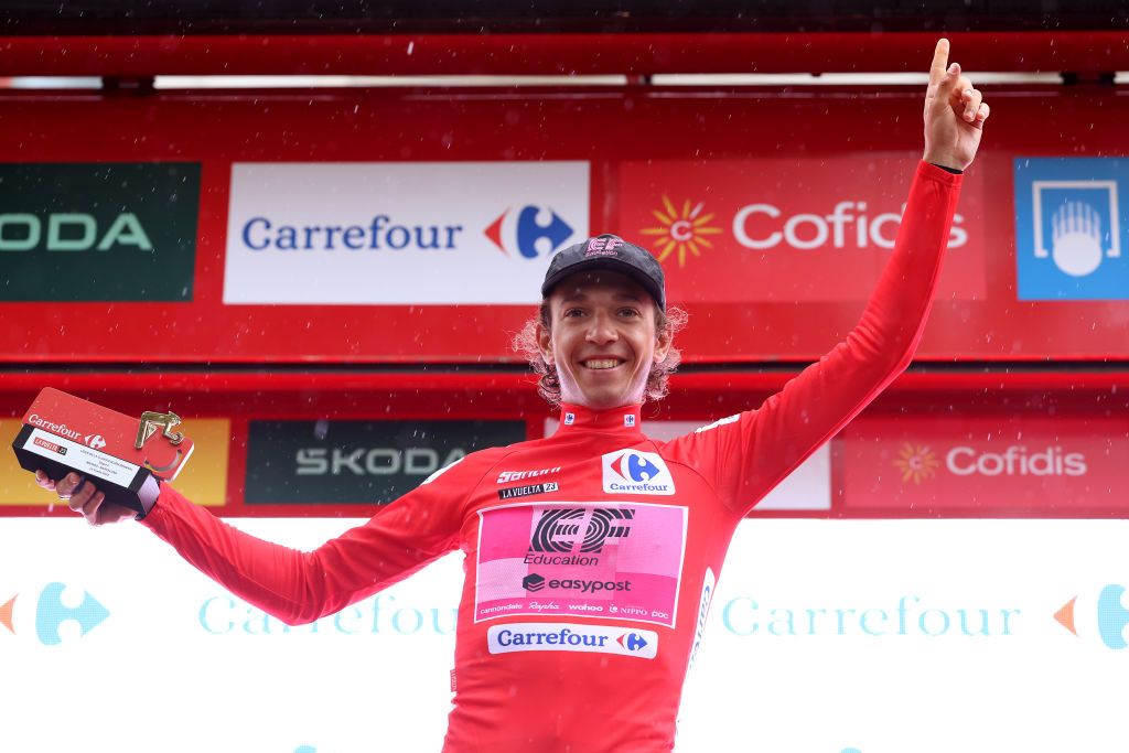 BARCELONA SPAIN AUGUST 27 Andrea Piccolo of Italy and Team EF EducationEasyPost celebrates at podium as Red Leader Jersey winner during the 78th Tour of Spain 2023 Stage 2 a 1818km stage from Matar to Barcelona UCIWT on August 27 2023 in Barcelona Spain Photo by Alexander HassensteinGetty Images