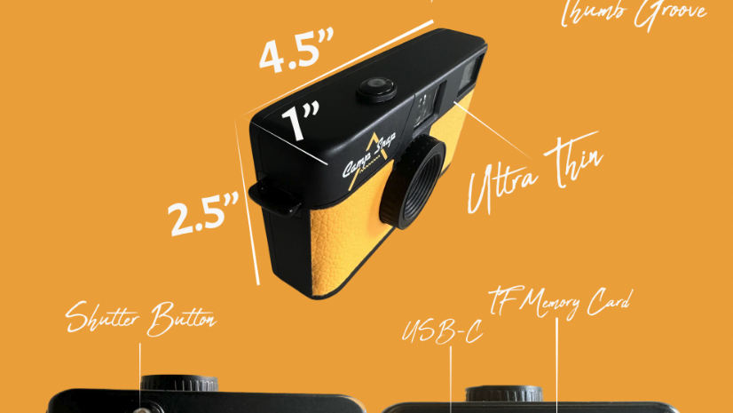 Camp Snap camera on yellow background, yellow version, with the various camera features drawn out