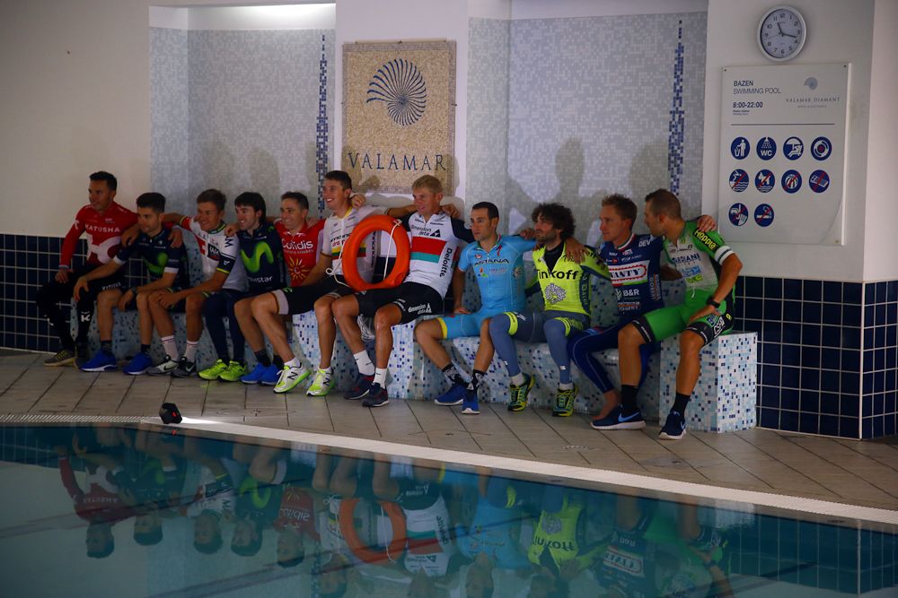 Riders pose by the pool at Bahrain Merida's first camp