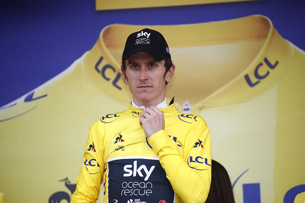 Geraint Thomas (Sky) stays in yellow after the climb to Geraint Thomas (Sky) finishes third on the Col du Portet