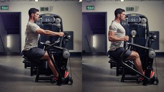 Man demonstrates two positions of the cable row using a gym machine