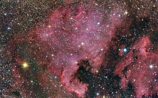The North American and Pelican nebulae are parts of the same interstellar gas complex that lie about 1,800 light-years away. A light-year is the distance light travels in one year, or about 6 trillion miles (10 trillion kilometers).