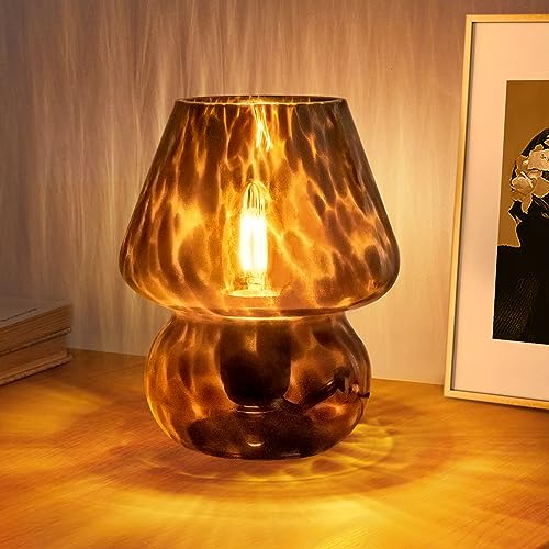 Onewish Mushroom Lamp, Bedside Table Lamp, Vintage Small Glass Lamp for Bedroom Living Room, Murano Aesthetic Lamp Birthday Gift, Black
