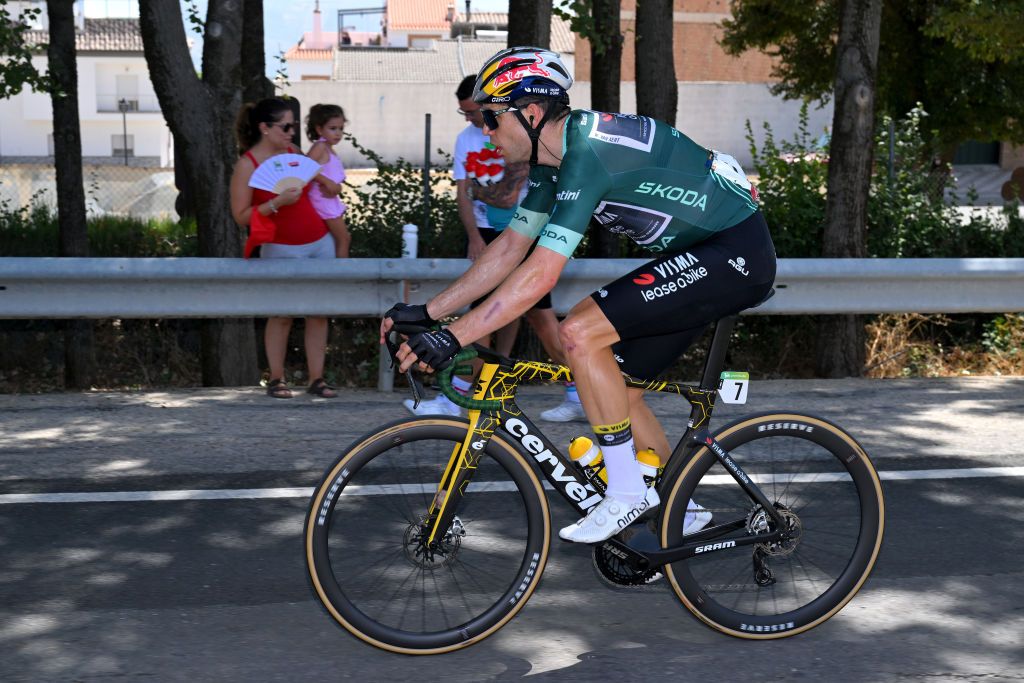 CAZORLA SPAIN AUGUST 24 Wout van Aert of Belgium and Team Visma Lease a Bike Green Points Jersey competes during the La Vuelta 79th Tour of Spain 2024 Stage 8 a159km stage from Ubeda to Cazorla 1056m UCIWT on August 24 2024 in Cazorla Spain Photo by Tim de WaeleGetty Images