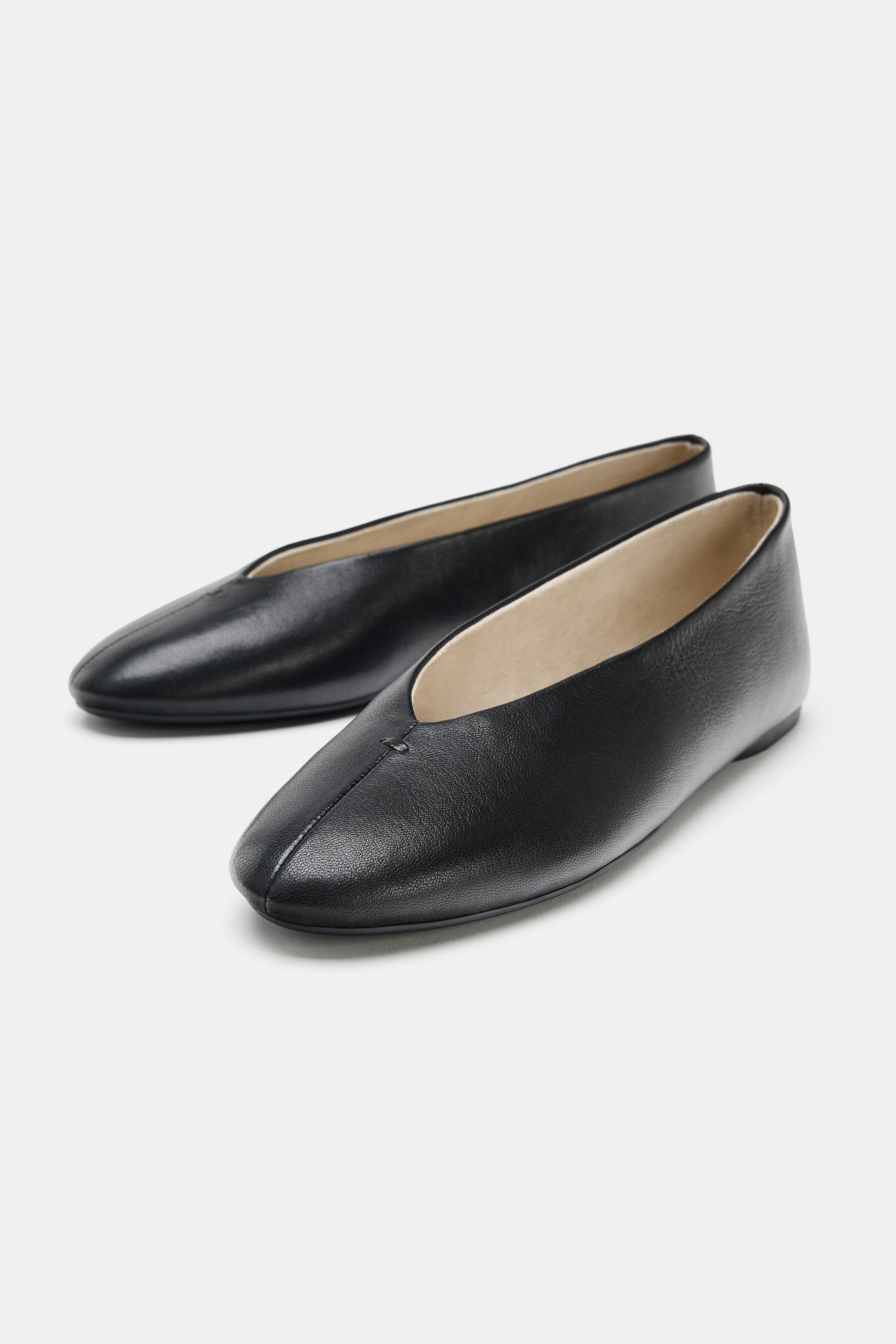 Flat Leather Ballet Flats - Black - 5
