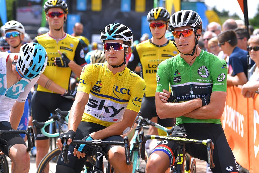 Overall leader Michal Kwiatkowski (Team Sky) and points leader Daryl Impey (Mitchleton-Scott) at Criterium du Dauphine stage 4 to Lans-en-Vercors