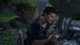 Nathan Drake looks at some ruins as Sam watches, in Uncharted 4, from the PS5's Uncharted: Legacy of Thieves Collection
