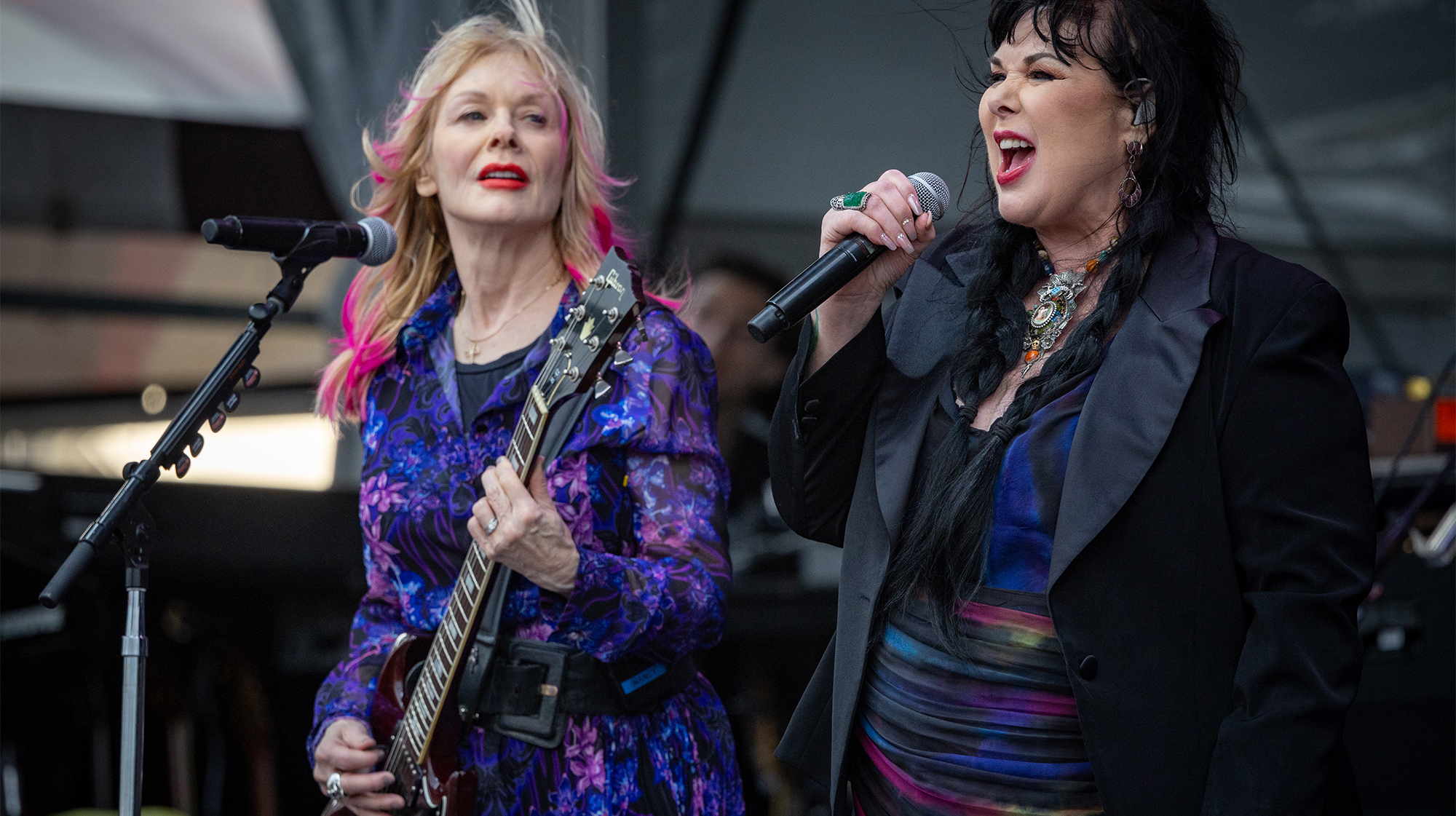 Nancy Wilson and Ann Wilson of Heart perform during day 4 of the New Orleans Jazz & Heritage Festival 2024 at Fair Grounds Race Course on April 28, 2024 in New Orleans, Louisiana.