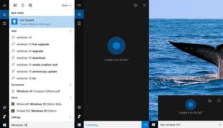 Cortana text search (left), Cortana voice command search (middle), Cortana listening mode (right)
