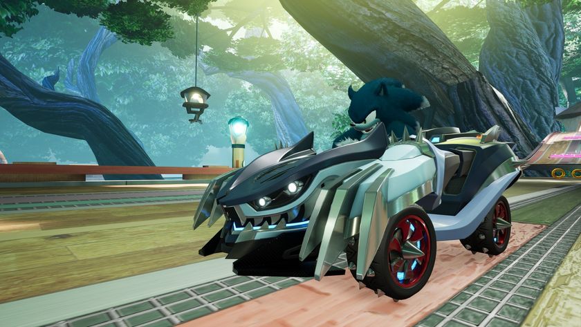 Sonic in werehog form in Sonic Racing: CrossWorlds races through a forest