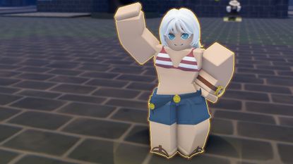 A woman in a bikini and Daisy Dukes waves in the Roblox game Haze Seas.