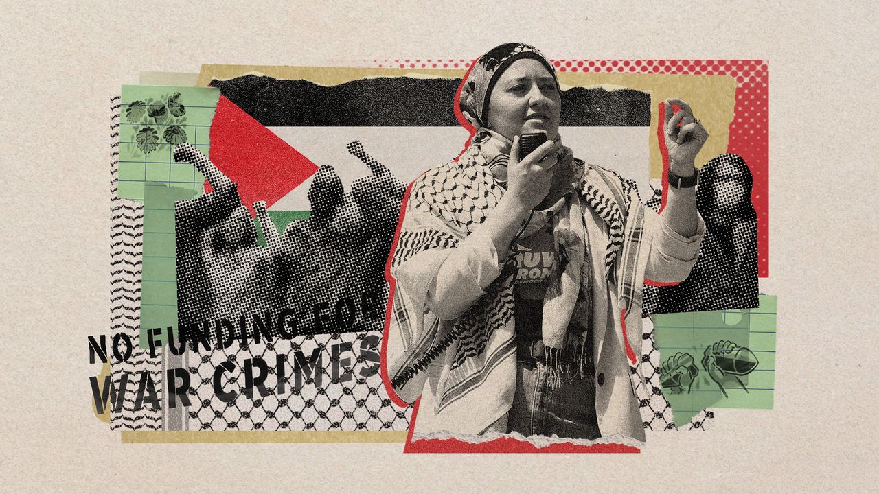 Photo collage of Ruwa Romman speaking at a rally wearing a keffiyeh. The background consists of various paper ephemera in colours of the Palestinian flag.