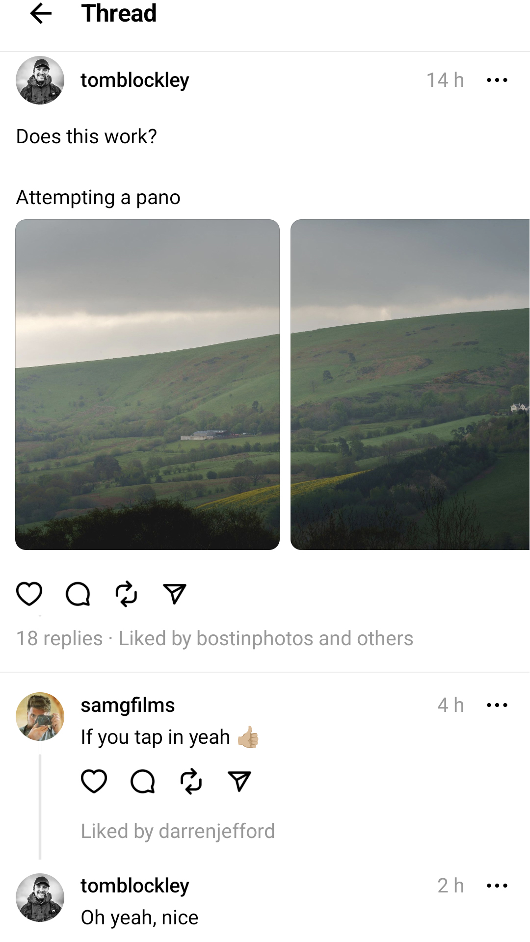 Threads app UI showing a photographer experimenting with a panoramic image