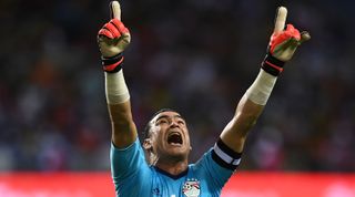 Egypt's goalkeeper Essam El-Hadary reacts after Egypt scored the first goal of the match during the 2017 Africa Cup of Nations final football match between Egypt and Cameroon at the Stade de l'Amitie Sino-Gabonaise in Libreville on February 5, 2017. / AFP PHOTO / GABRIEL BOUYS (Photo credit should read GABRIEL BOUYS/AFP via Getty Images)