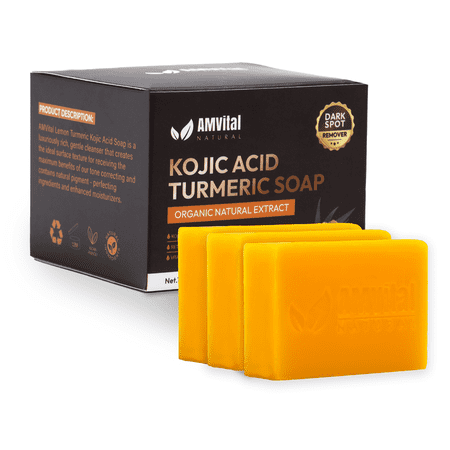 Amvital Turmeric Kojic Acid Soap Bar 3-Pack for Body &amp;amp; Face, Made With Natural and Organic Ingredients, Gentle Soap, for All Skin Types