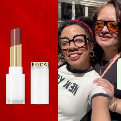 eden stuart and her mom on a red background next to lipstick