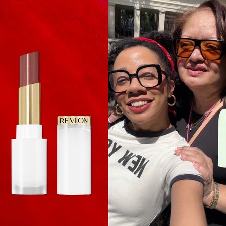 eden stuart and her mom on a red background next to lipstick