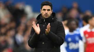 Arsenal manager Mikel Arteta applauds his team's fans after the Premier League match between Everton and Arsenal on 4 February, 2023 at Goodison Park in Liverpool, United Kingdom.
