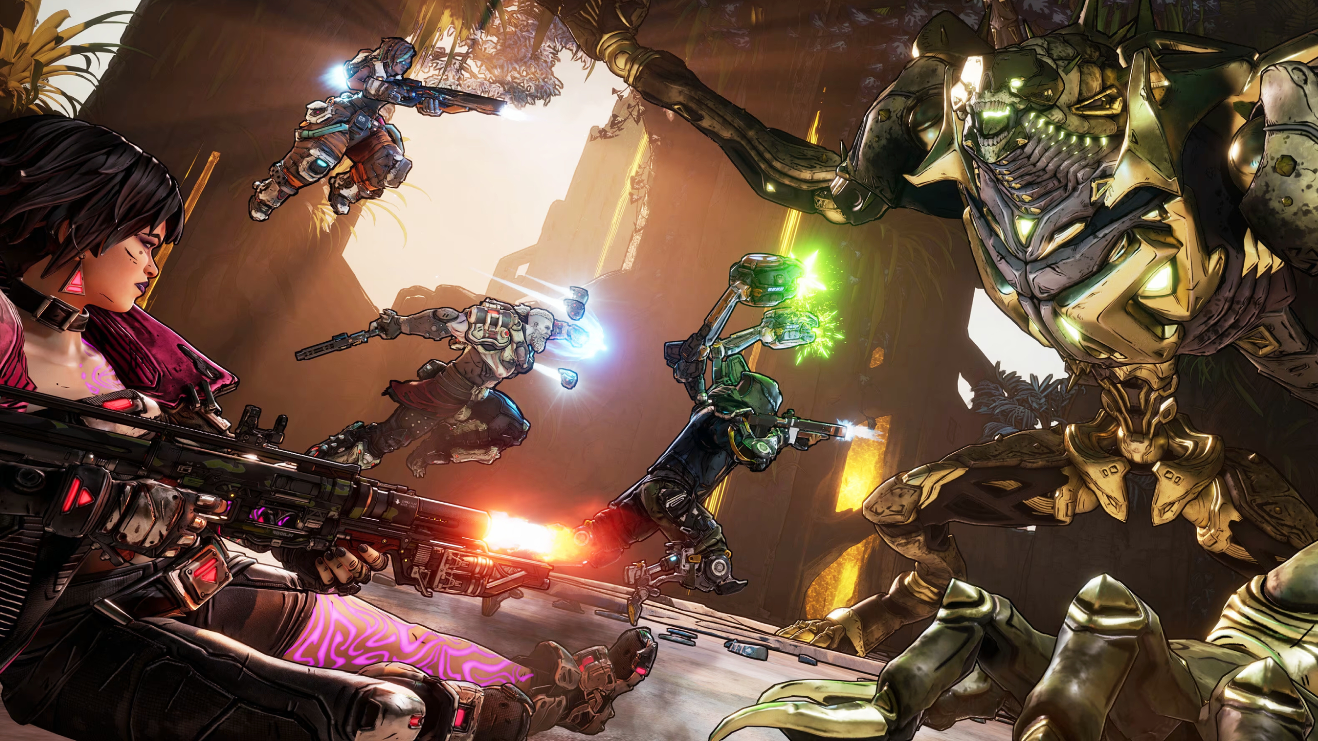 Borderlands 4 endgame preview: Key art showing all four Vault Hunter on the left side as they leap into a fight with a Vault monter.