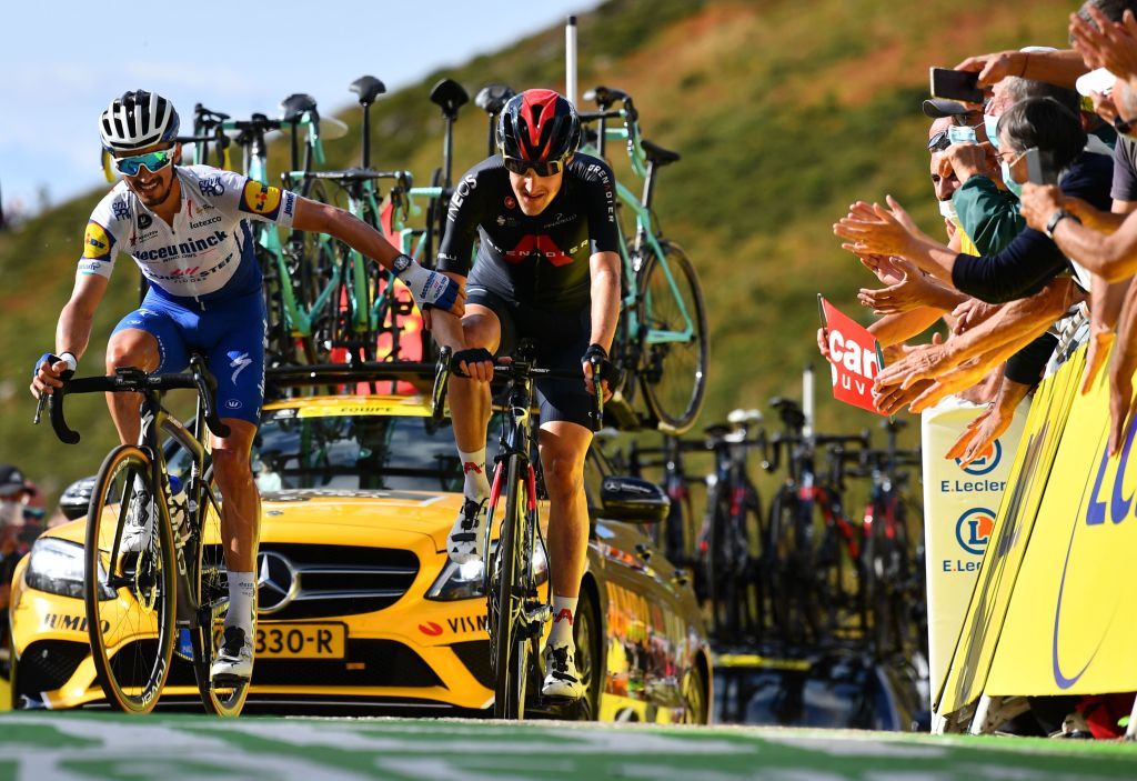 Team Deceuninck rider Frances Julian Alaphilippe L and Team Ineos rider Spains Jonathan Castroviejo arrive at the finish line of the 13th stage of the 107th edition of the Tour de France cycling race 191 km between ChatelGuyon and Puy Mary on September 11 2020 Photo by Stuart Franklin various sources AFP Photo by STUART FRANKLINAFP via Getty Images