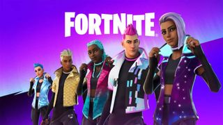Fortnite Characters Standing In Front Of The Fortnite Logo Against A Purple Background