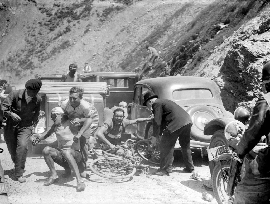 Photo taken during the fall of French cyclist Bruno Carini and Italian Carlo Romanatti in the Tourmalet descent during the 14th stage of the 31st Tour de France which runs from June 30 to July 25 1937 Roger Lapbie wins the Tour Photo by AFP Photo credit should read AFP via Getty Images