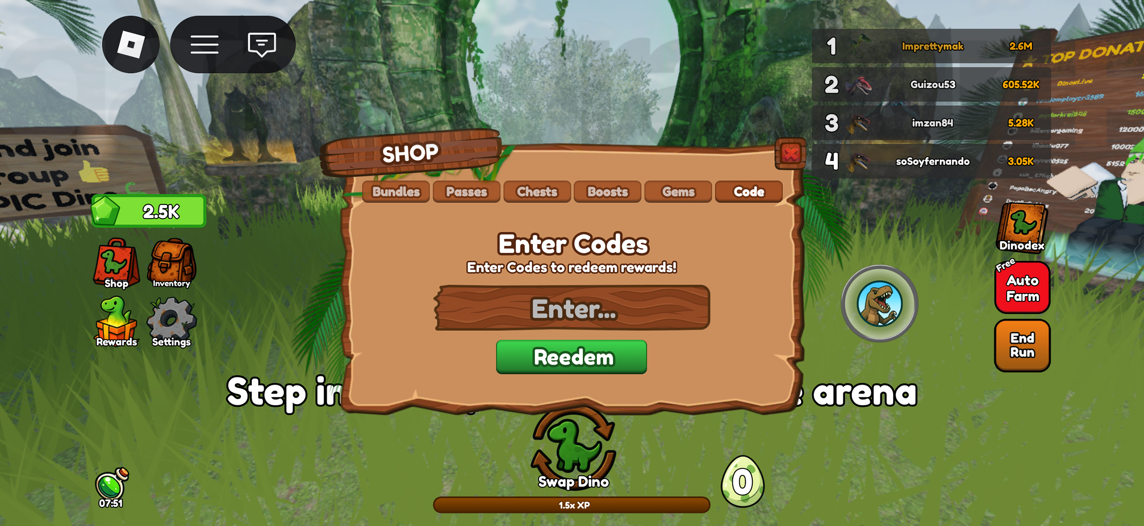 The menu to redeem Be Dino codes