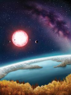 This artist illustration shows what it might be like to stand on the surface of the planet Kepler-186f, the first-ever Earth-size planet to be found in the habitable zone of its star.
