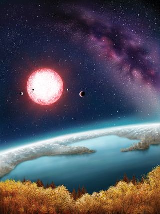 This artist illustration shows what it might be like to stand on the surface of the planet Kepler-186f, the first-ever Earth-size planet to be found in the habitable zone of its star.