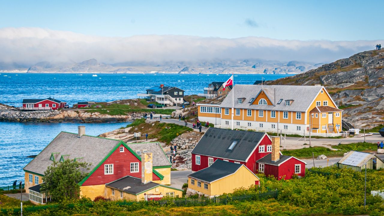 A view of colorful buildings in Nuuk, Greenland.