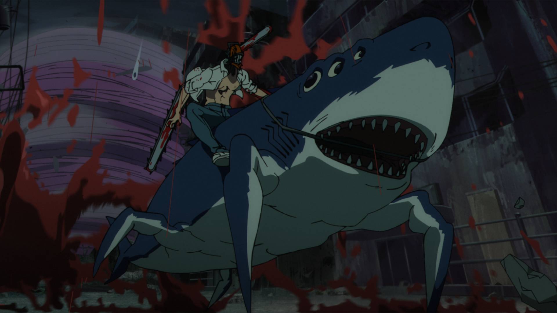 Chainsaw Man riding a shark in Chainsaw Man – The Movie: Reze Arc