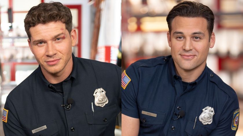 From L to R: Oliver Stark as Evan "Buck" Buckley and Ryan Guzman as Eddie Diaz on 9-1-1.