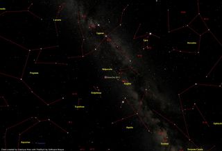 The location of the star explosion Nova Delphini 2013 is seen in the Delphinus constellation (the Dolphin). This photo is by astrophysicist Gianluca Masi of the Virtual Telescope project. The nova was discovered by Japanese astronomer Koichi Itagaki of Yamagata, Japan. Image released August 14, 2013.