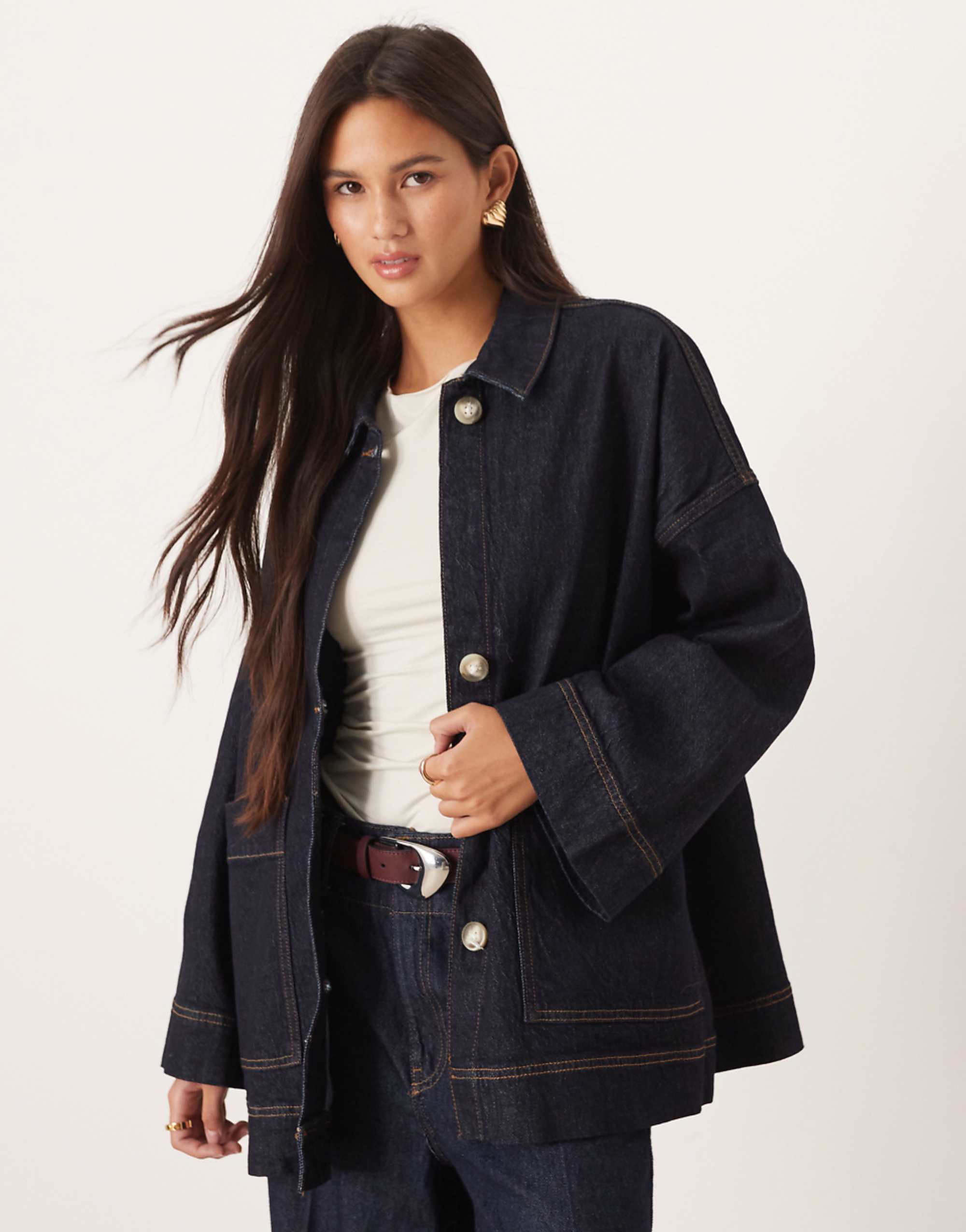 Aware Oversized Boxy Trucker Style Denim Jacket in Dark Blue Rinse