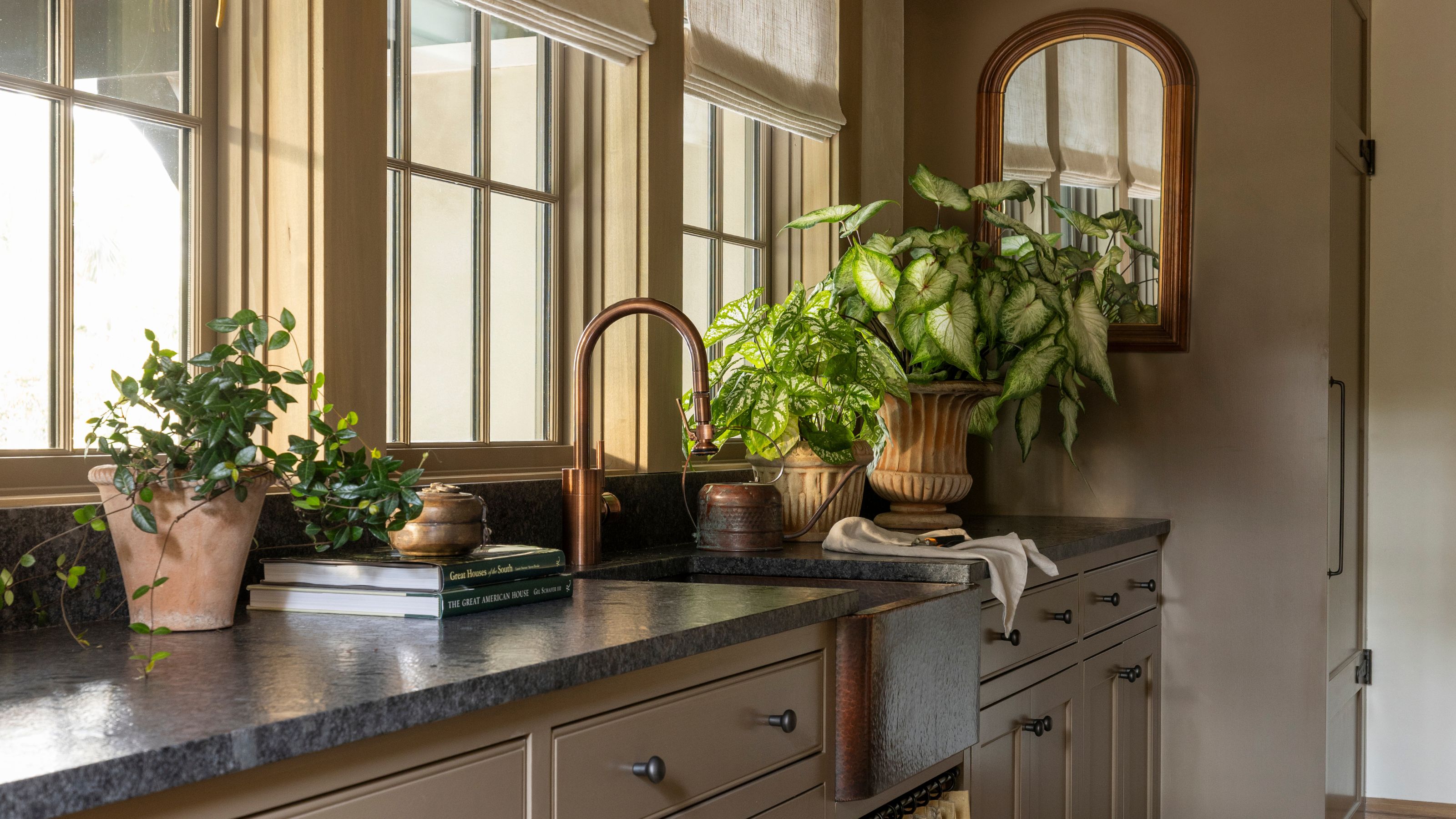 Mudroom with cabinetry and walls painted in Farrow &amp; Ball's Broccoli brown, three large windows, a dark marble countertop, a sink with a skirted cupboard underneath, and plants in rustic pots.