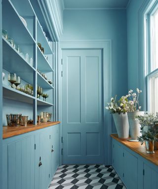 Blue pantry with color drenching doors same color as walls by Benjamin Moore