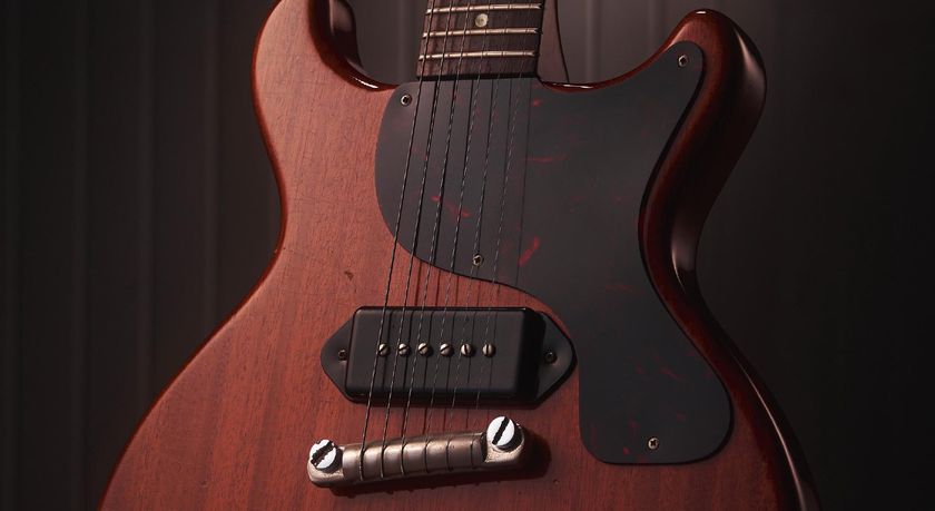 A close-up of the P-90 in a Les Paul Junior doublecut