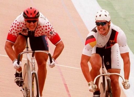 In 1996, Marty Nothstein (R) was the favorite but lost the gold to Jens Fiedler (Germany)