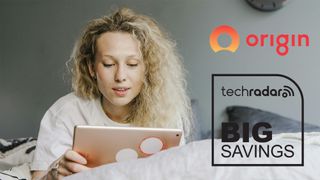 A young woman lying on her front looking at a tablet computer that she is holding in her right hand. The Origin Energy and TechRadar 'Big Savings' logos sit overlaid on the right side of the image.